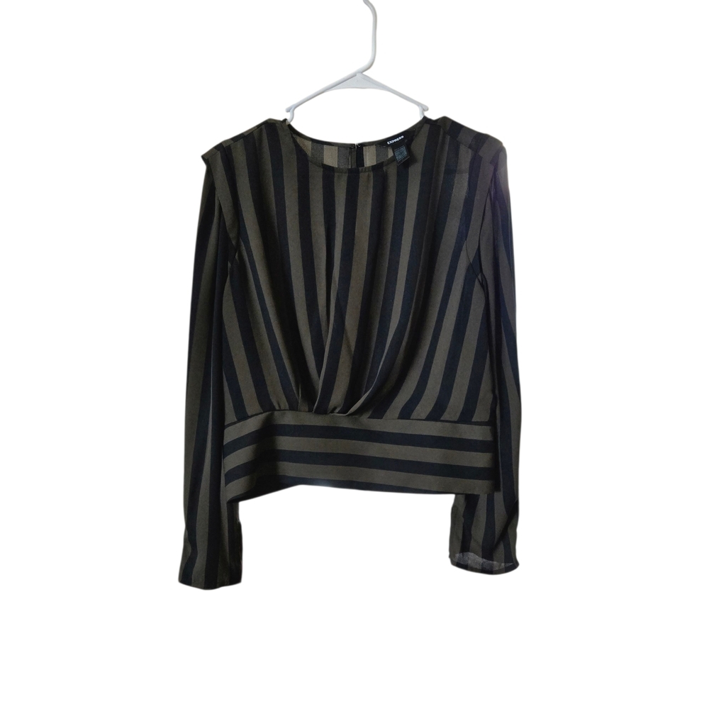 Express Black and Olive Striped Long Sleeve Blouse